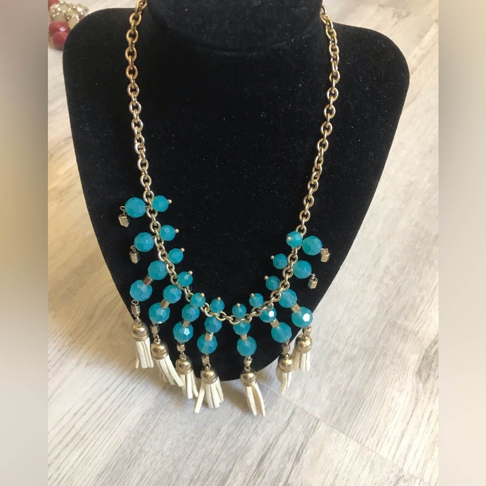 Retro Vintage Costume Jewelry Necklace with Leather Details Bib/Statement